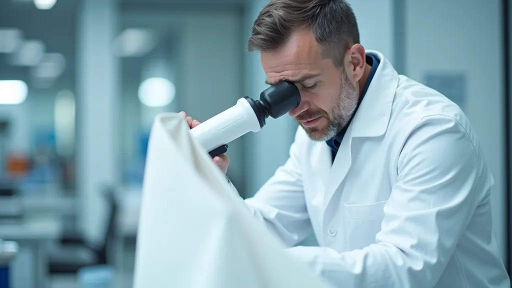 Martin Kovács working at a textile testing laboratory, examining bag materials under bright studio lighting