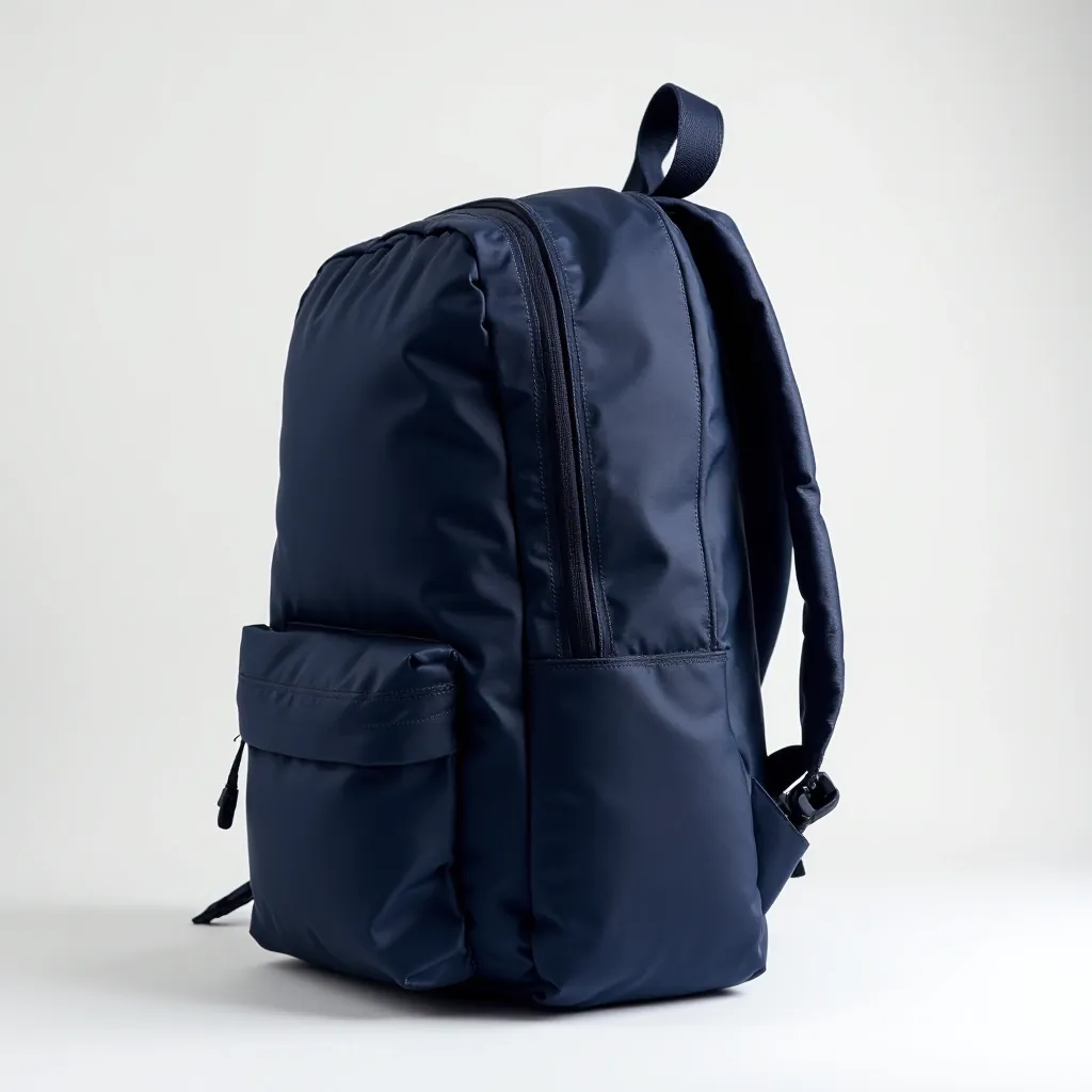 Side profile of navy backpack showing overall shape, strap construction, ventilation design, and compartment layout with measurement indicators