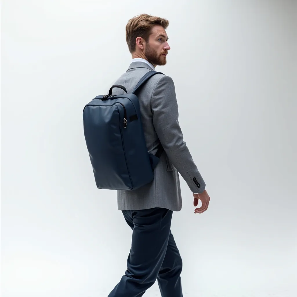 Person wearing navy backpack while walking through modern urban environment, showing how backpack sits on shoulders and integrates with daily commute style