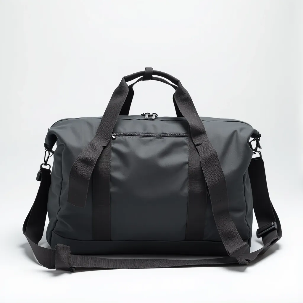 Travel Duffle Hybrid showing removable padded shoulder straps with secure attachment points and reinforced stitching on charcoal nylon