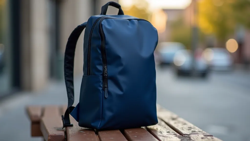 Urban Commute Backpack in navy blue, photographed at street-level showing the full backpack on a wooden bench with morning light