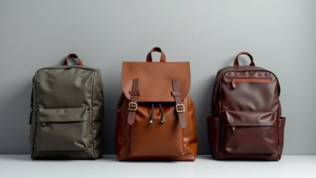 Collection of durable backpacks and leather shoulder bags displayed on neutral background